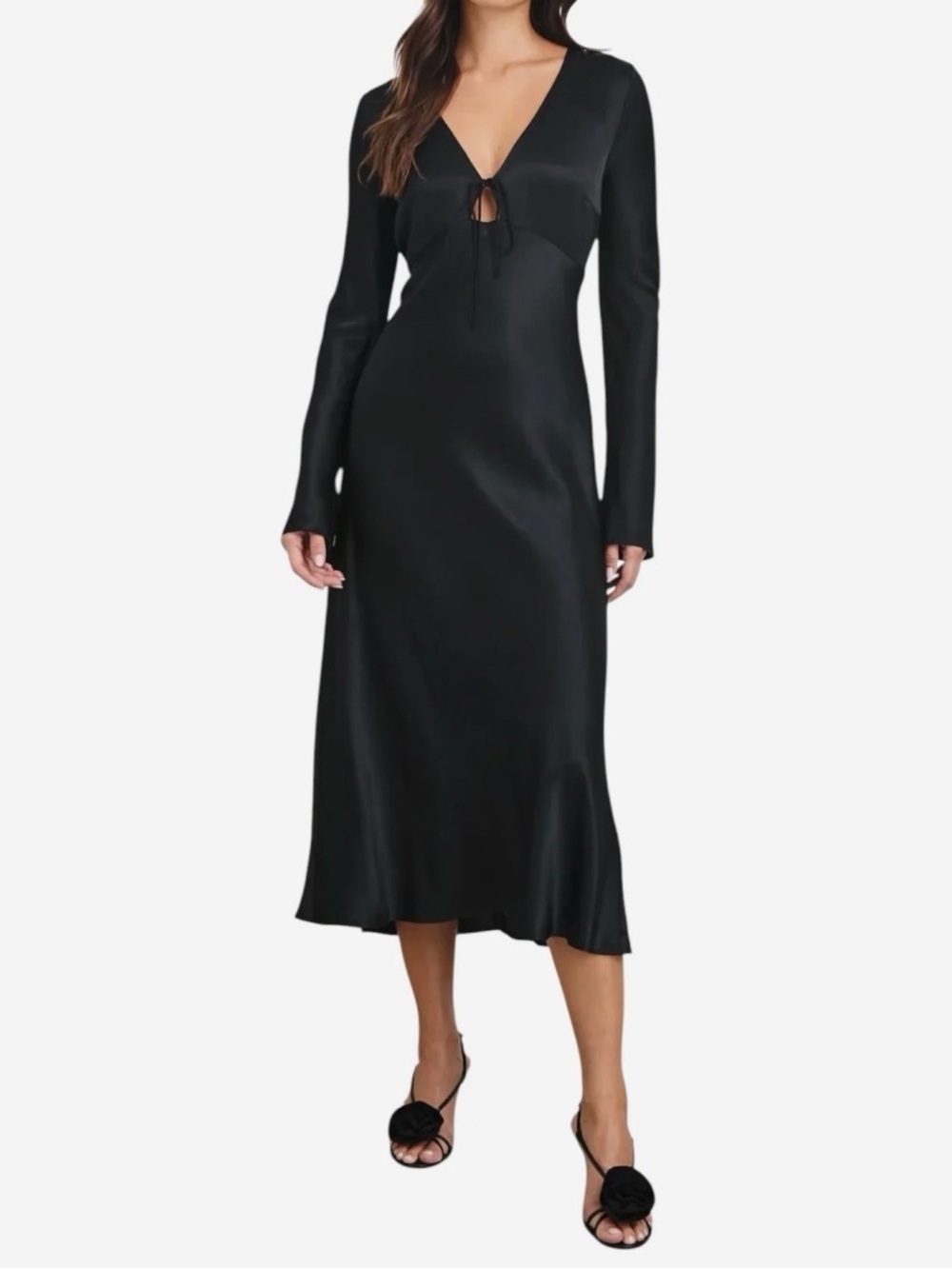 Rails Black Long-Sleeve V-Neck Midi Dress with Tie Front